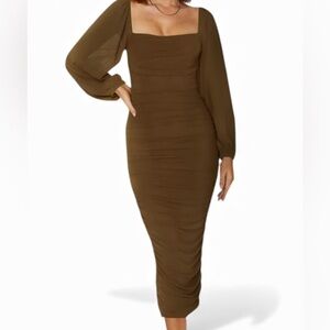 Elegant Brown Long Sheer Sleeved Ruched Dress